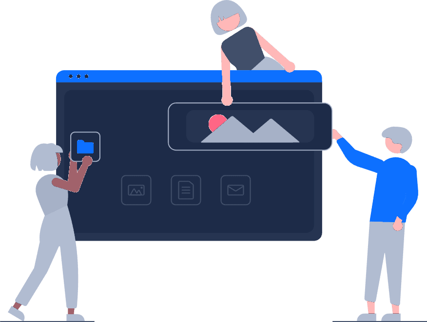 Three people assembling the layout of a website inside a browser window